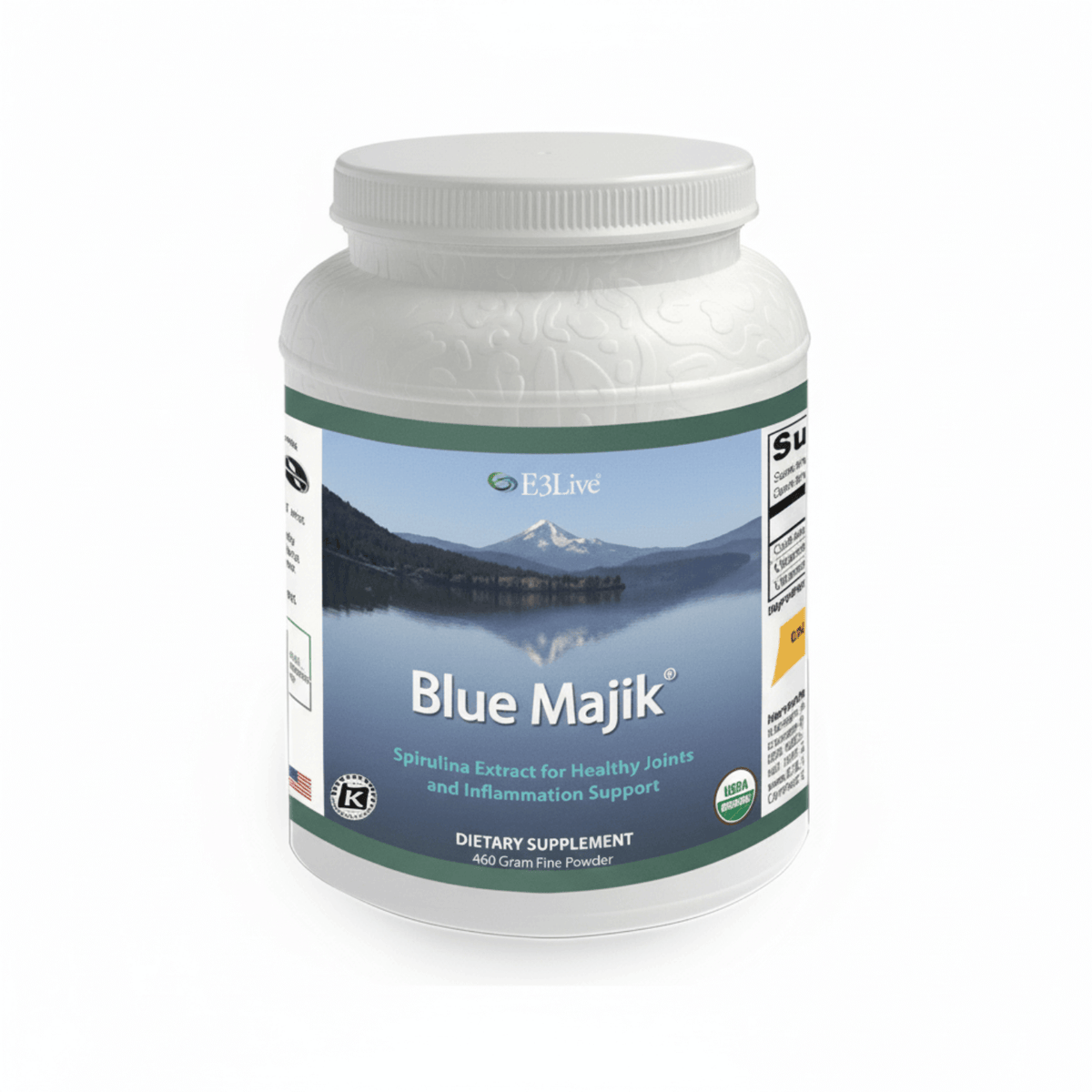 Blue Majik Spirulina Extract for healthy joints and inflammation support, E3Live dietary supplement in a white jar.