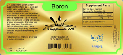 Boron Liquid Ionic Mineral supplement label highlighting key ingredients and dietary information.