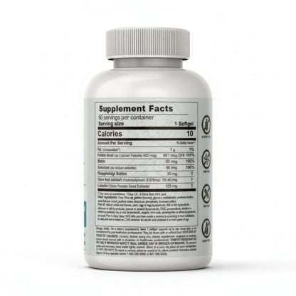 Supplement facts for BrainGain Liposomal Flavonoid Brain Support, detailing ingredients and servings.