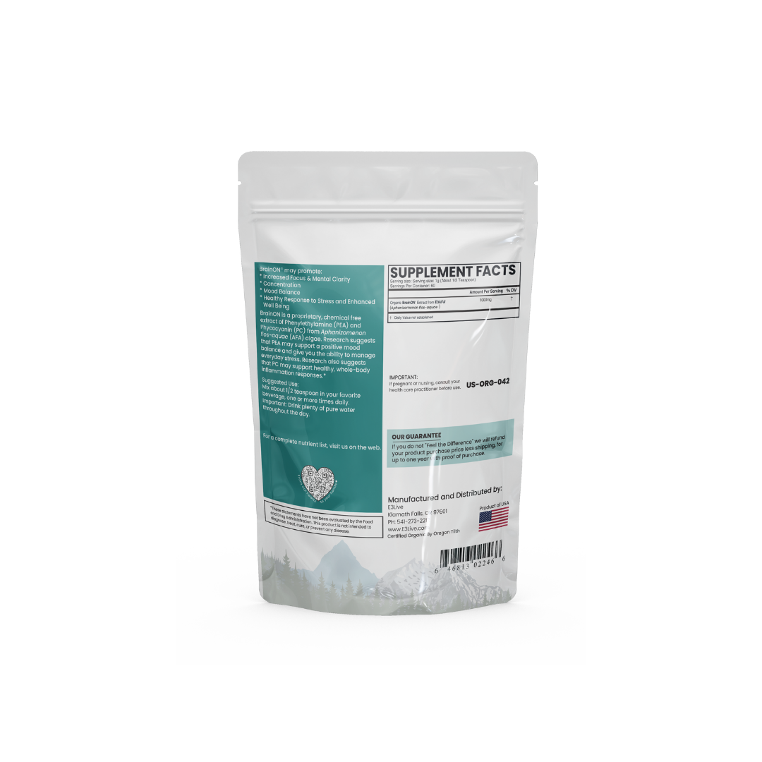 Back of BrainON Organic AFA Extract supplement pouch showing supplement facts and usage instructions.