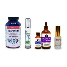 Bundle of supplements for stamina including Powrtein, intense care, Life Crystal activator, ATP energy, and Nano Soma.