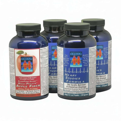 2 products from Exsula Superfoods, one bottle of Apple Fiber and three bottles of Heart Studies Formula, the cardio nutrient and chelation strategy