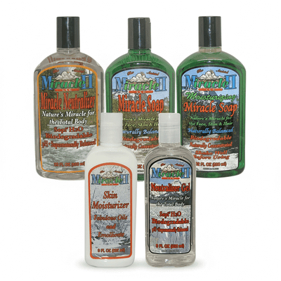 Bundle of Miracle II natural plant based products including Miracle Soap, Miracle Neutralizer, and Skin Moisturizer.