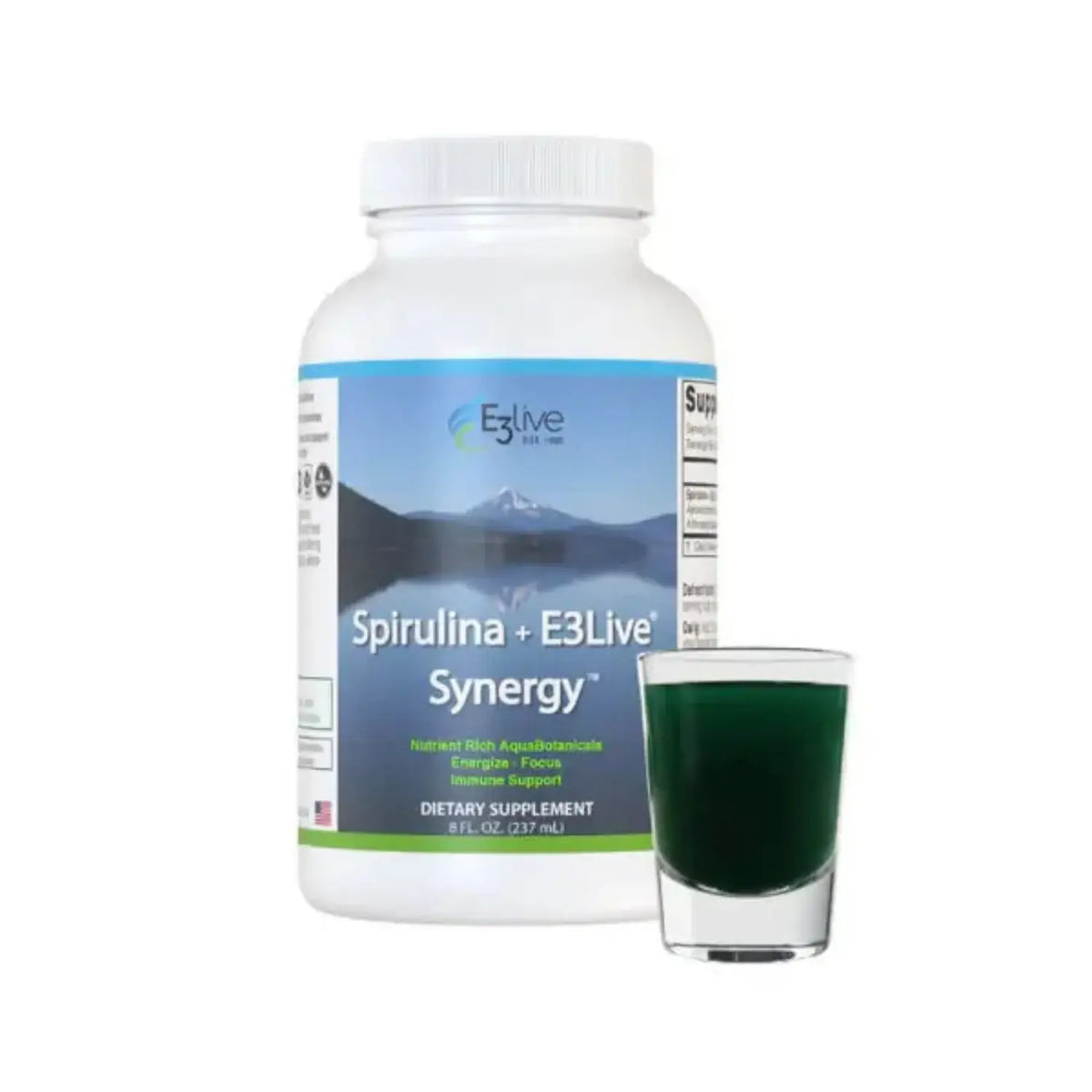 Cyanobacteria Phycocyanin and Chlorophyll Synergy Support dietary supplement with glass serving.