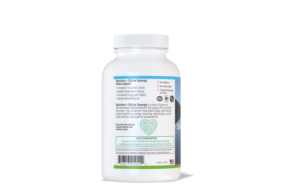 Bundle: Spirulina+E3Live Synergy supports healthy immune function and provides Cyanobacteria Phycocyanin and Chlorophyll Synergy Support.