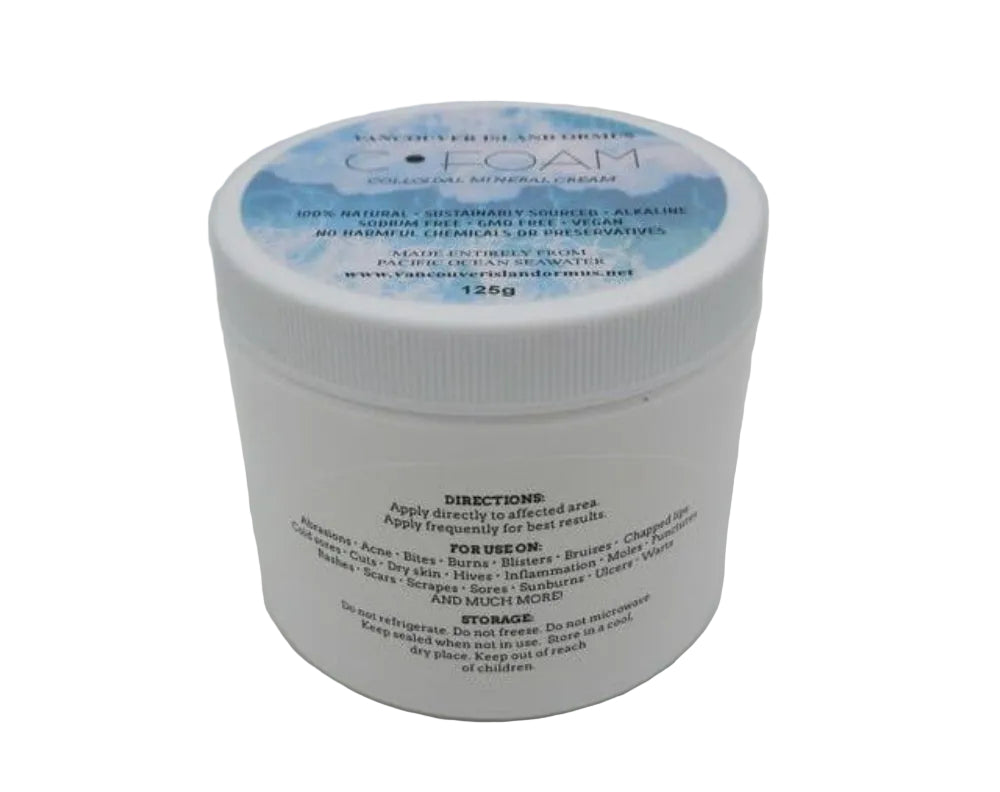 C-FOAM Colloidal Mineral Cream container showcasing directions and uses for skin repair and dental health.
