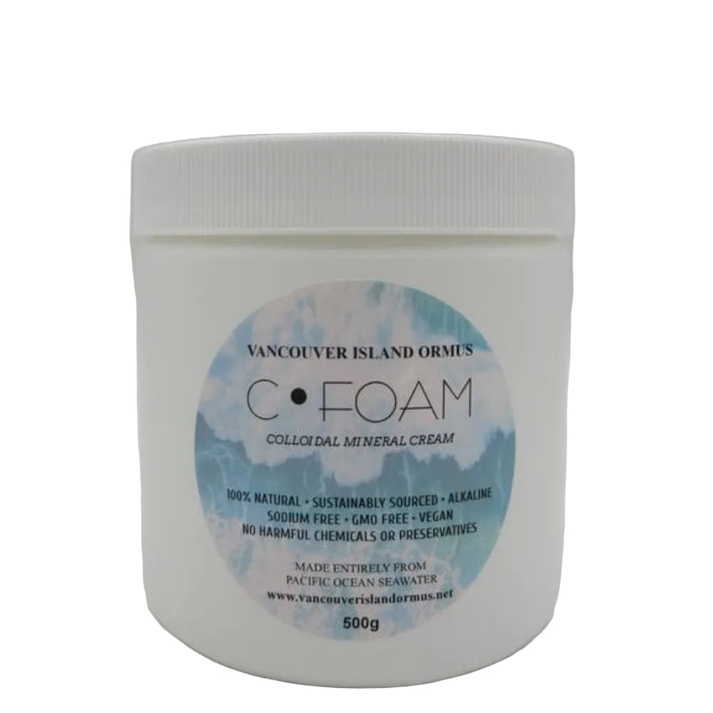 C-FOAM Colloidal Mineral Cream container with natural ingredients for skin repair and dental care.