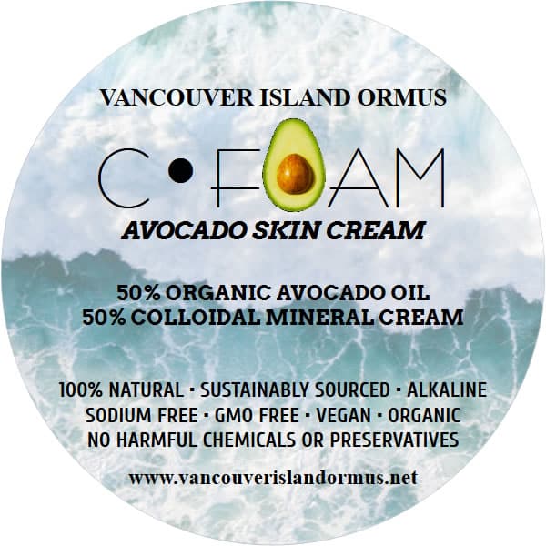 C-FOAM Skin Creams label featuring avocado oil and colloidal mineral cream ingredients, highlighting 100% natural attributes.