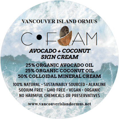 C-FOAM Skin Creams label featuring avocado and coconut skin cream ingredients and benefits.
