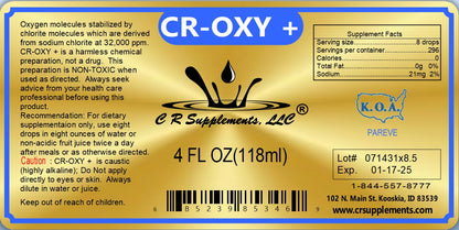 CR-OXY+ Stabilized Oxygen Liquid Concentrate 4 FL OZ label with dosage and supplement facts.