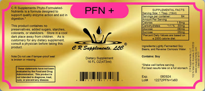 Label of PFN+ Liquid Mineral and Enzymes dietary supplement by CR Supplements, highlighting its nutritional information.