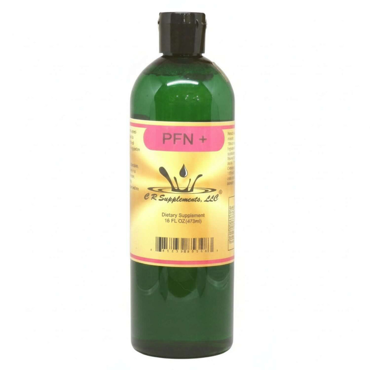 PFN+ Liquid Mineral and Enzymes dietary supplement bottle with green liquid from CR Supplements.