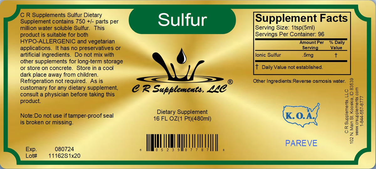 Sulfur - Ionic Liquid Mineral supplement label with dosage information and serving facts.