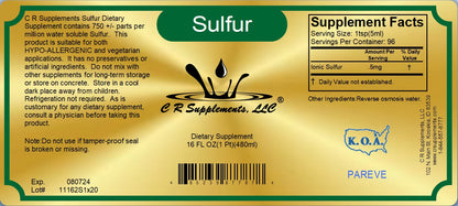 Sulfur - Ionic Liquid Mineral supplement label with dosage information and serving facts.