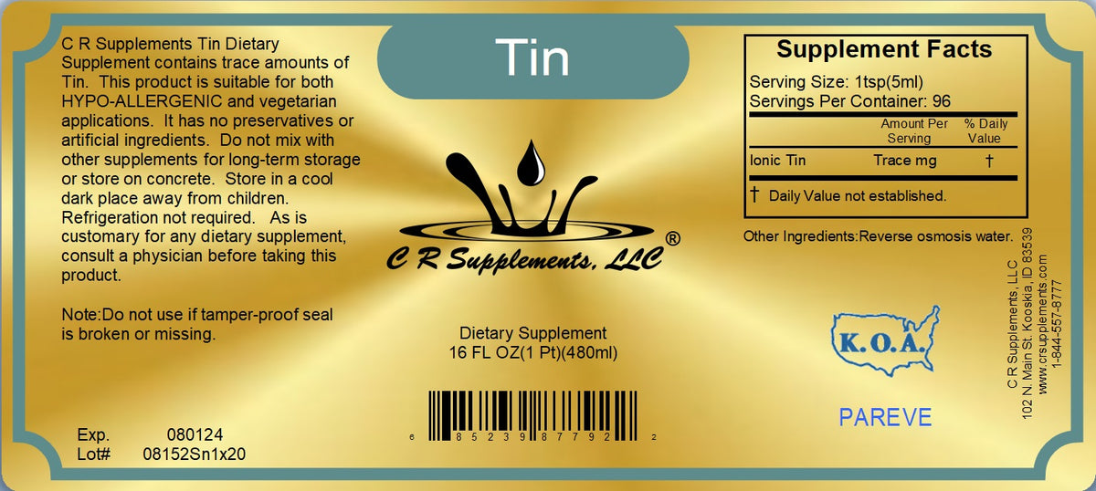 Ionic Liquid Mineral supplement Tin by CR Supplements, 16 FL OZ, supports hair growth and glandular health.