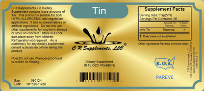 Ionic Liquid Mineral supplement Tin by CR Supplements, 16 FL OZ, supports hair growth and glandular health.