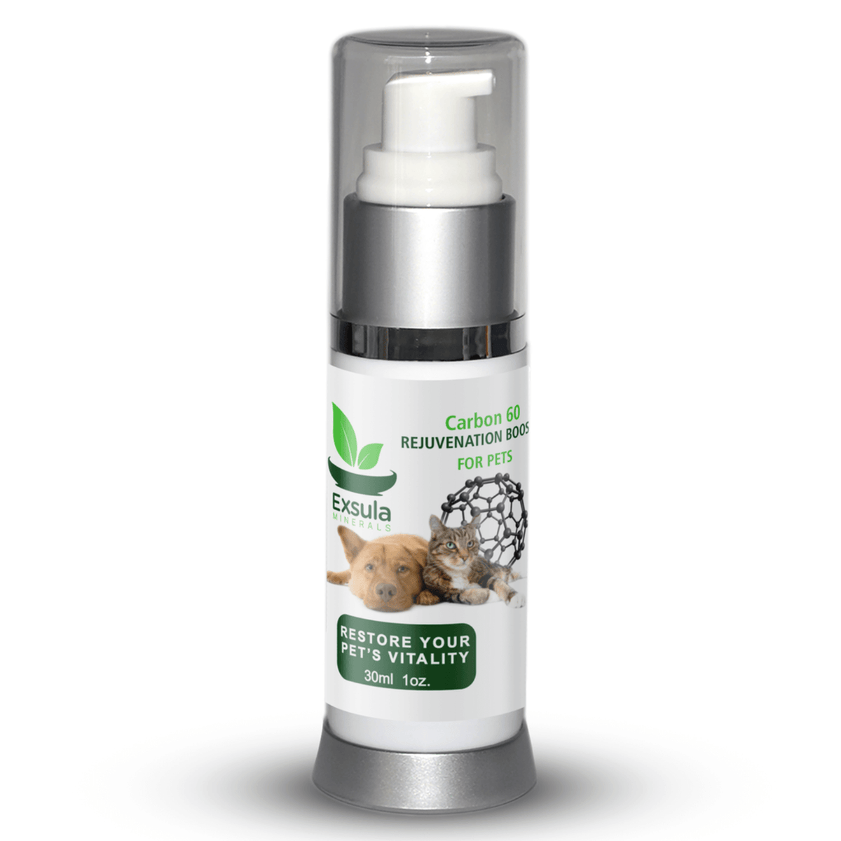 Exsula Carbon 60 for Pets bottle, a Free Radical Scavenging Supplement for pet vitality and rejuvenation.