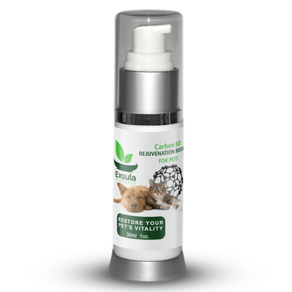Exsula Carbon 60 for Pets bottle, a Free Radical Scavenging Supplement for pet vitality and rejuvenation.