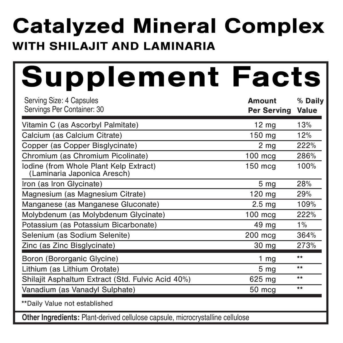 Supplement facts for Catalyzed Mineral Complex highlighting Bioavailable Trace Elements.