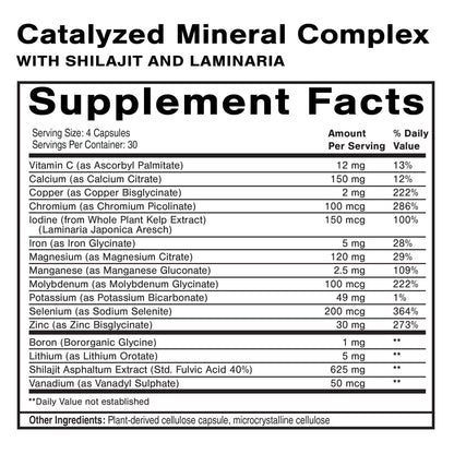 Supplement facts for Catalyzed Mineral Complex highlighting Bioavailable Trace Elements.