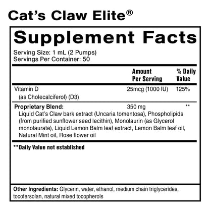 Supplement facts for Cat's Claw Elite showcasing Liposomal Immune Support ingredients and nutrition information.
