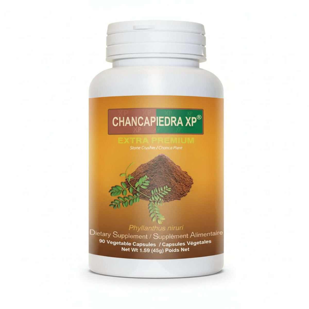 Chanca Piedra XP herbal dietary supplement bottle with 90 vegetable capsules for stone breaking and digestion support.
