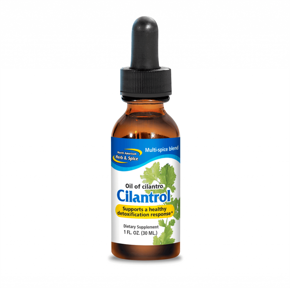 Bottle of Cilantrol - Mountain Grown Cilantro Oil for detoxification support, 1 oz (30 mL) dietary supplement.
