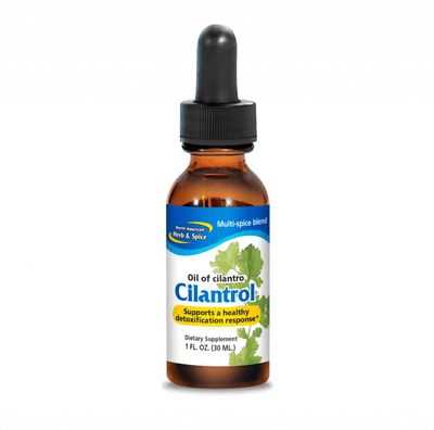 Bottle of Cilantrol - Mountain Grown Cilantro Oil for detoxification support, 1 oz (30 mL) dietary supplement.