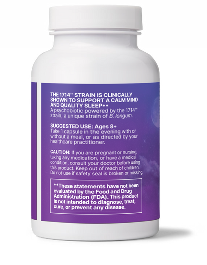 ZenBiome Sleep bottle, a psychobiotic for sleep that supports calm mind and quality sleep.
