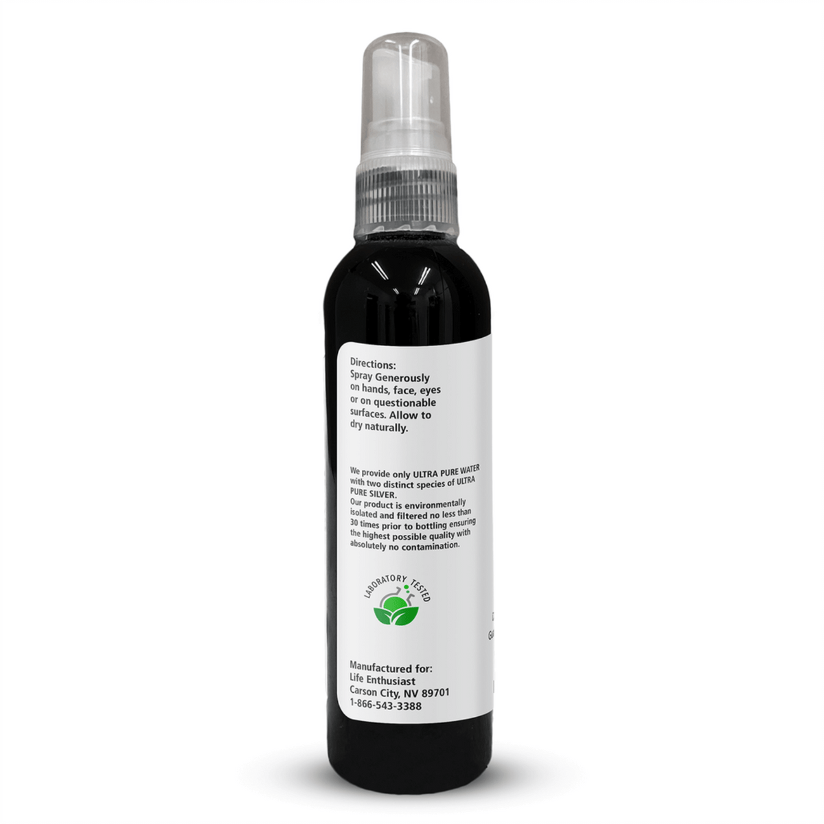 Colloidal Ionic Silver spray bottle for Professional Grade Immune Defense; directions for use on various surfaces.