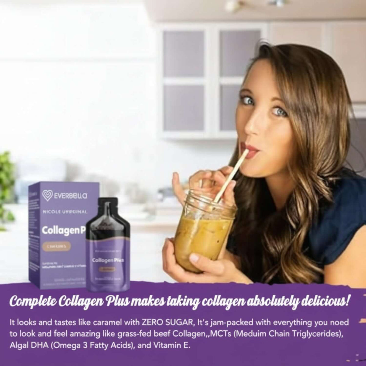 A woman enjoying a drink with Complete Collagen Plus products displayed, emphasizing delicious collagen benefits for health and beauty.