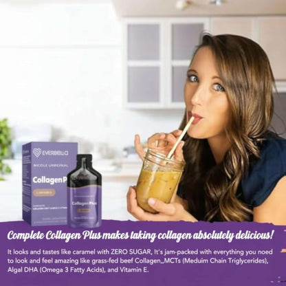 A woman enjoying a drink with Complete Collagen Plus products displayed, emphasizing delicious collagen benefits for health and beauty.