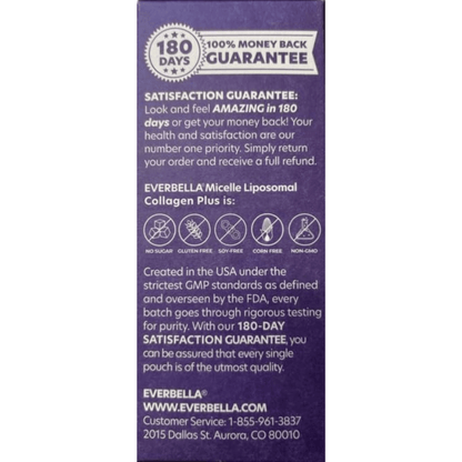Complete Collagen Plus 180-day satisfaction guarantee information on the product packaging.