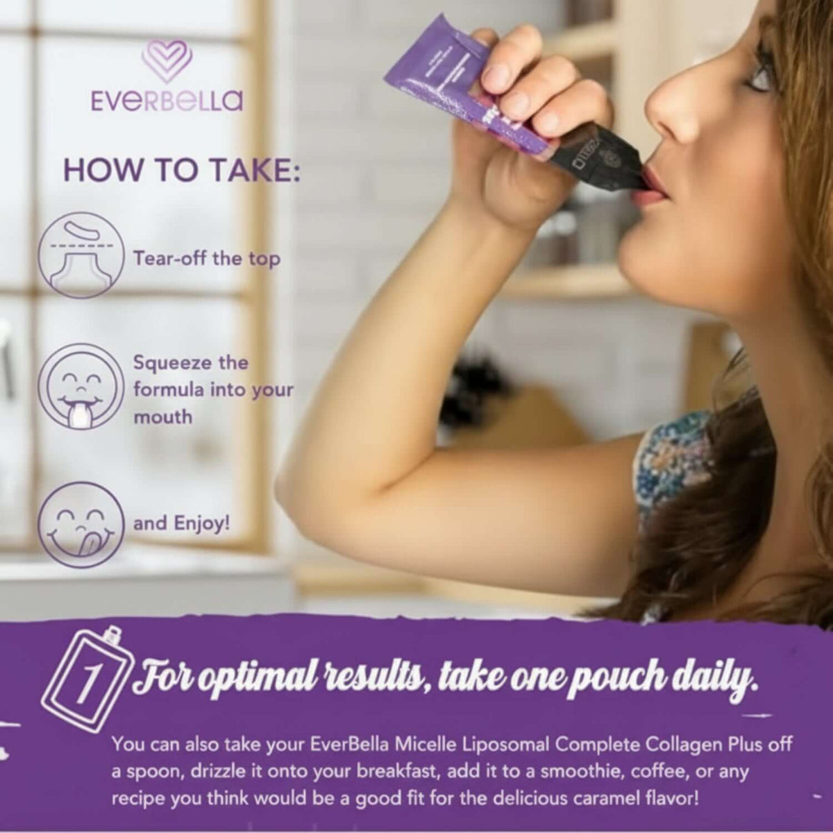 A woman enjoying EverBella Complete Collagen Plus, demonstrating how to take the product for optimal results.