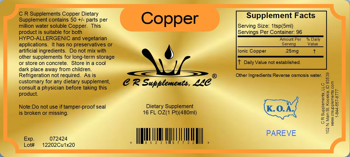 Ionic Liquid Mineral Copper supplement label showing dietary supplement facts and usage instructions.