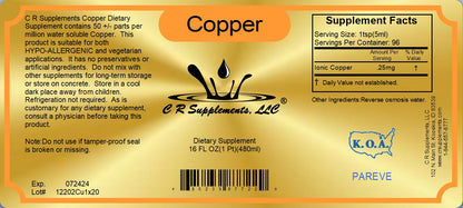 Ionic Liquid Mineral Copper supplement label showing dietary supplement facts and usage instructions.