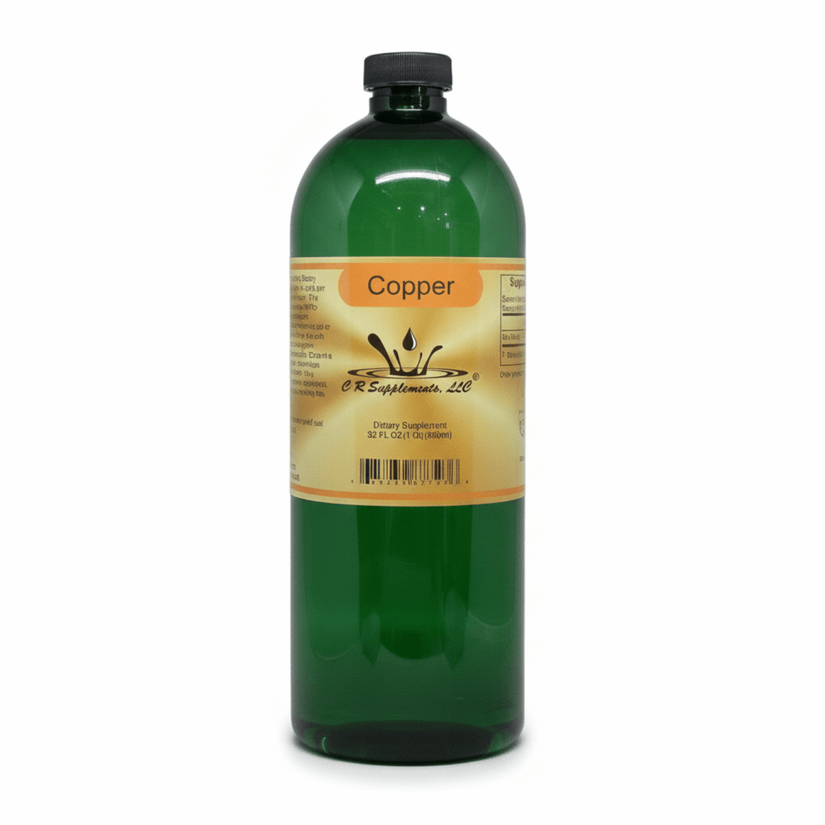 Copper Ionic Liquid Mineral Supplement for collagen and immune support in a green bottle by CR Supplements.