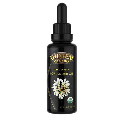 Bottle of Andreas Organic Cold Pressed Coriander Oil, featuring a dropper and floral design, 1.69 fl. oz.