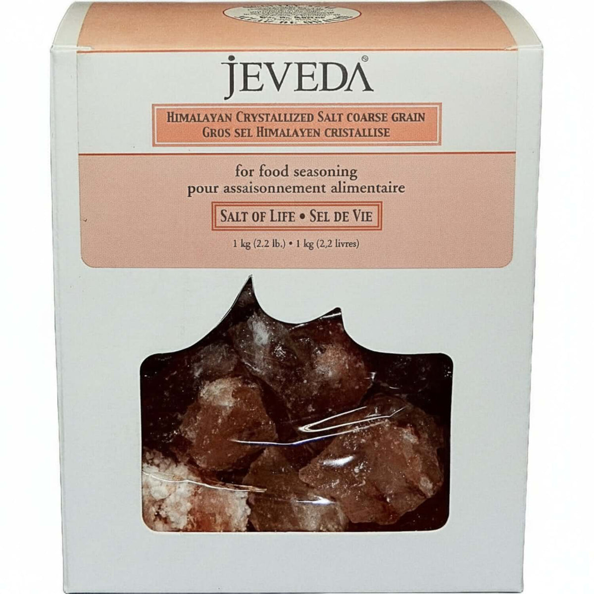Jeveda Himalayan Crystal Salt Rocks for Brine Therapy in a packaging box, ideal for food seasoning.