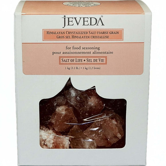 Jeveda Himalayan Crystal Salt Rocks for Brine Therapy in a packaging box, ideal for food seasoning.