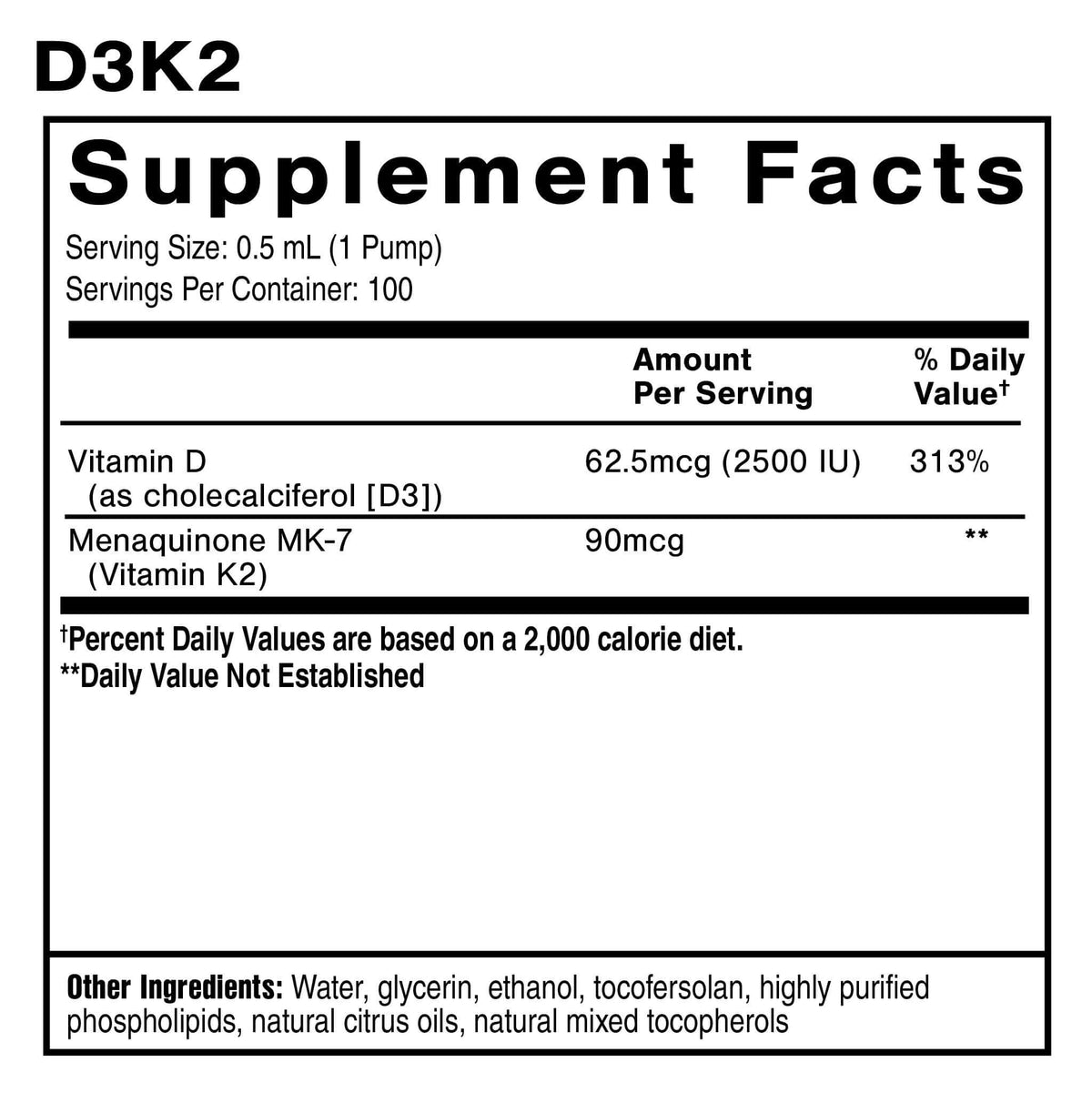 D3 K2 liposomal vitamins supplement facts showcasing Vitamin D and K servings per container.