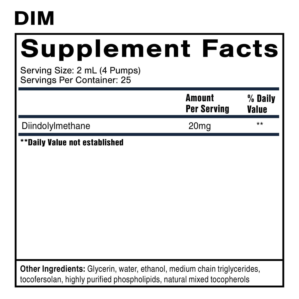 Supplement facts label for DIM featuring Nanoemulsified Diindolylmethane, serving size and ingredients overview.