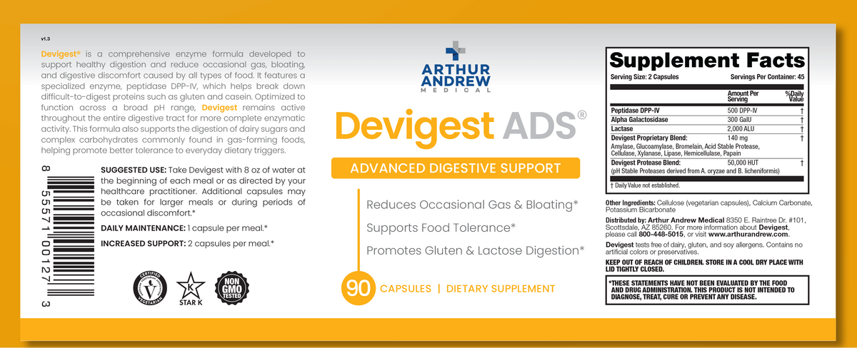 Devigest ADS label showing complete digestive enzymes for food sensitivities and supplement facts.