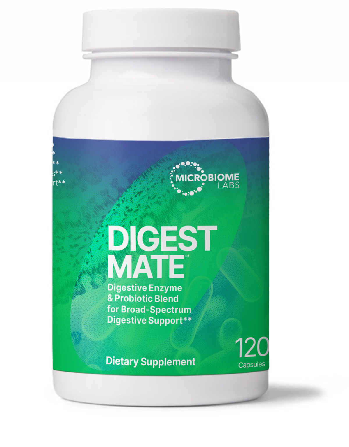 DigestMate Digestive Enzyme and Probiotic supplement bottle for digestive support, 120 capsules from Microbiome Labs.