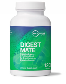 DigestMate Digestive Enzyme and Probiotic supplement bottle for digestive support, 120 capsules from Microbiome Labs.