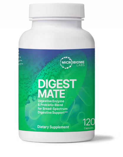 DigestMate Digestive Enzyme and Probiotic supplement bottle for digestive support, 120 capsules from Microbiome Labs.