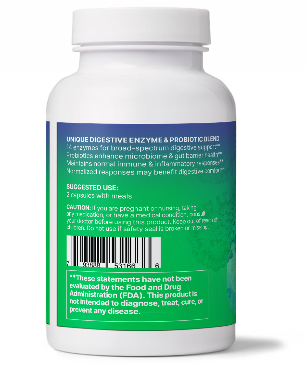 DigestMate - Digestive Enzyme and Probiotic bottle back view with usage instructions and supplement details.