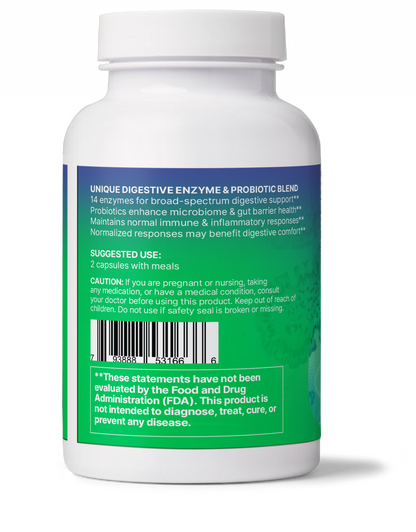 DigestMate - Digestive Enzyme and Probiotic bottle back view with usage instructions and supplement details.