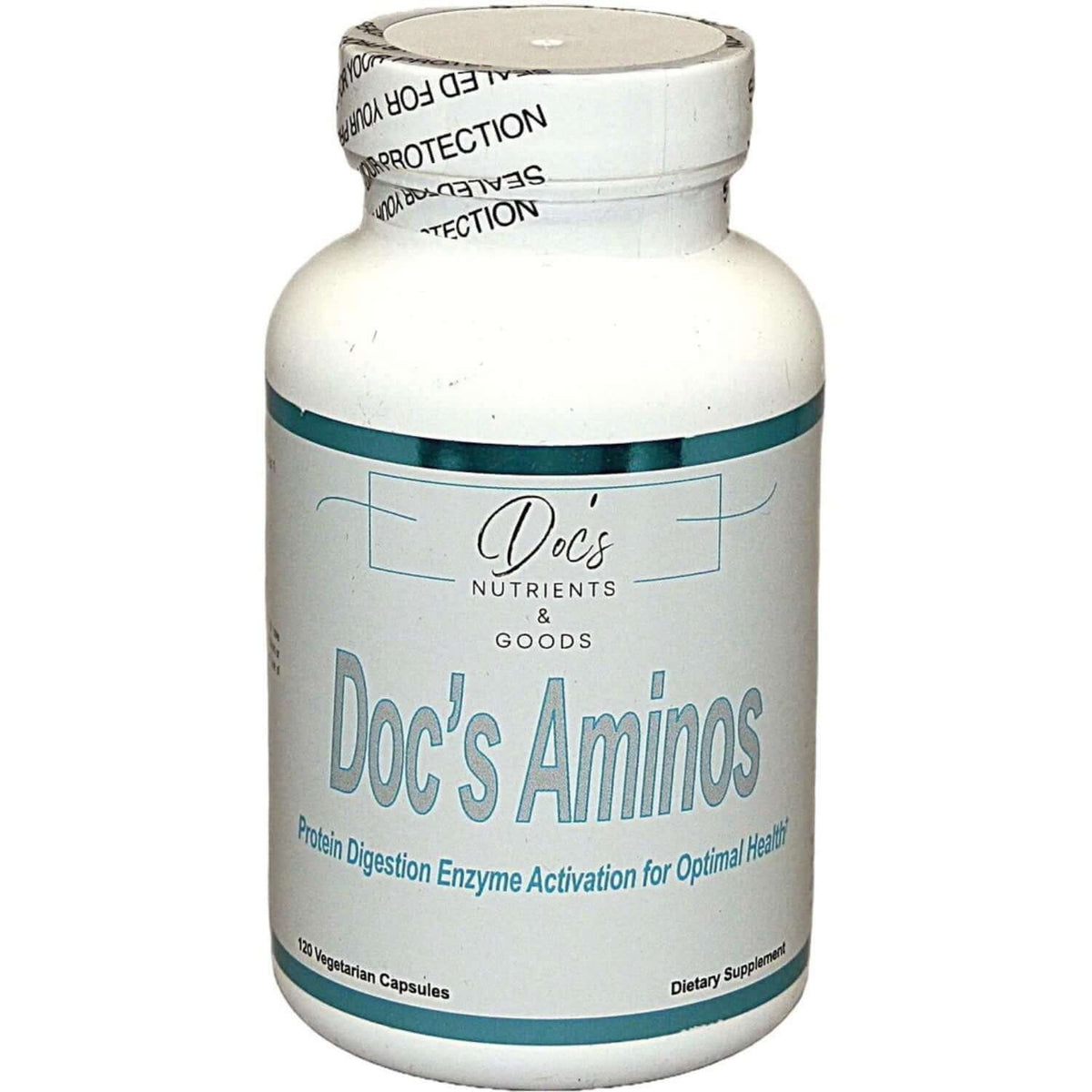 Doc's Aminos bottle for Free Form Amino Acid Therapy, protein digestion enzyme activation for optimal health.