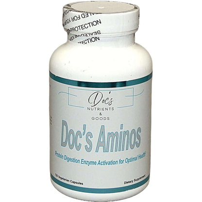 Doc's Aminos bottle for Free Form Amino Acid Therapy, protein digestion enzyme activation for optimal health.